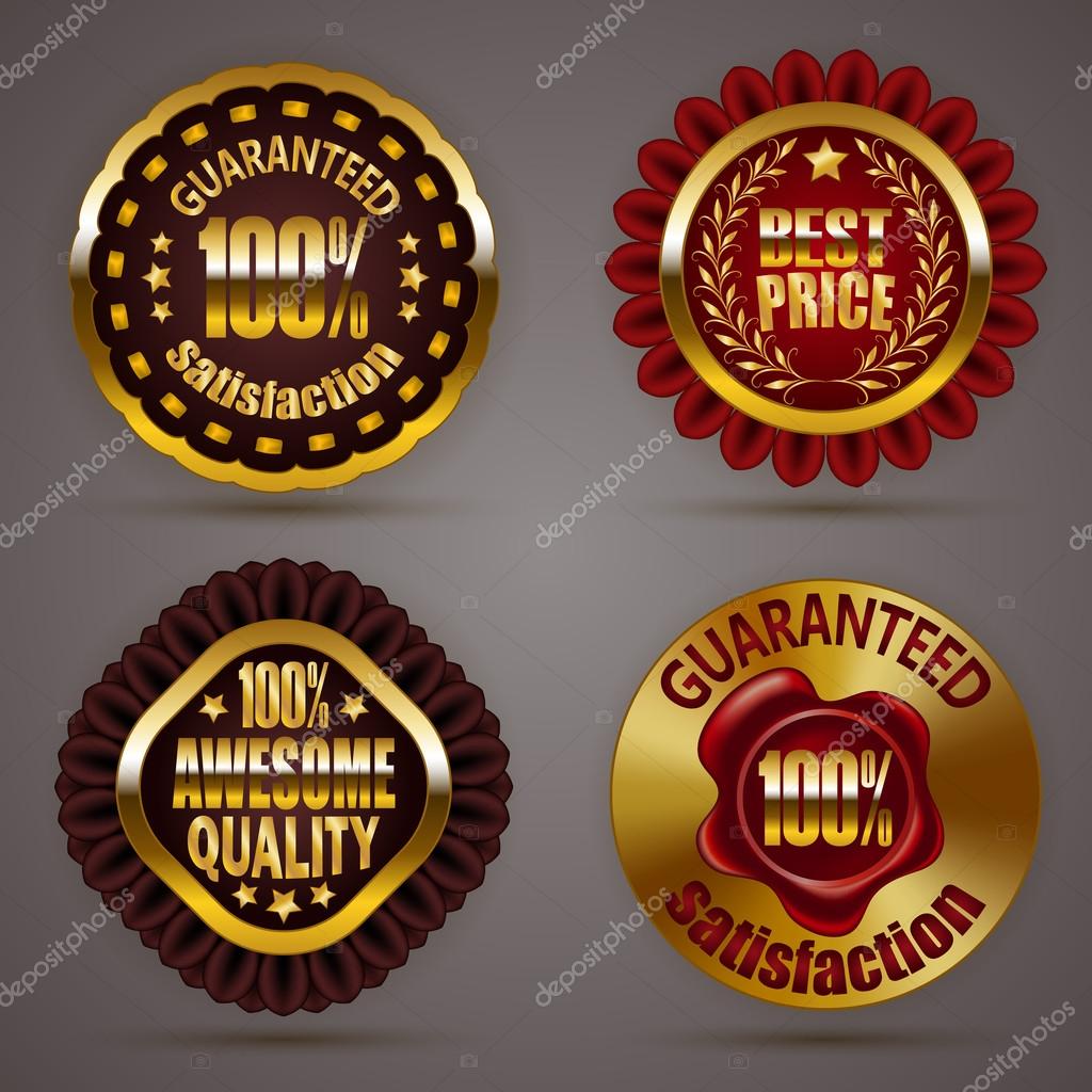Set of luxury gold badges with stars, laurel wreath, wax seal. 100 percent guaranteed, awesome quality, best price. Promotion emblems, icons, labels, medal, blazons for web, page design. Illustration