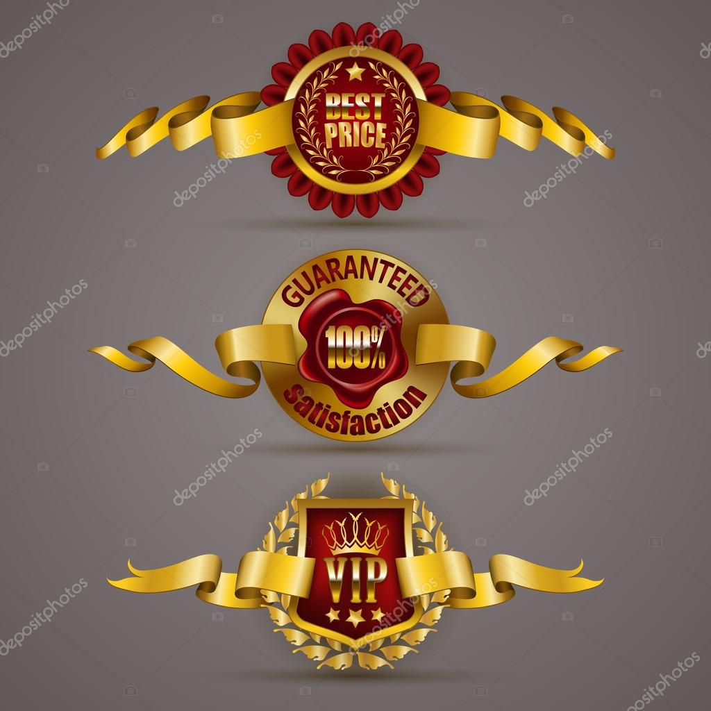 Set of luxury gold badges with laurel wreath, crown, wax seal, ribbons. 100 percent guaranteed, best price, vip. Promotion emblems, icons, labels, medal, blazons for web, page design. Illustration EPS