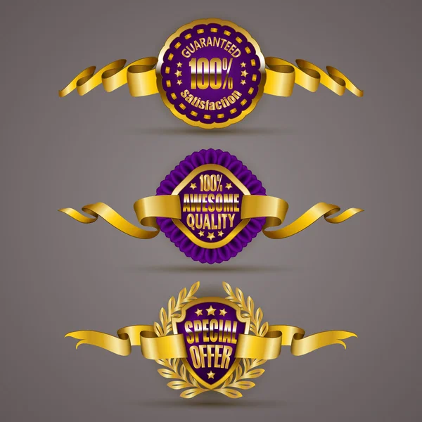 Insignias de oro con corona de laurel — Vector de stock