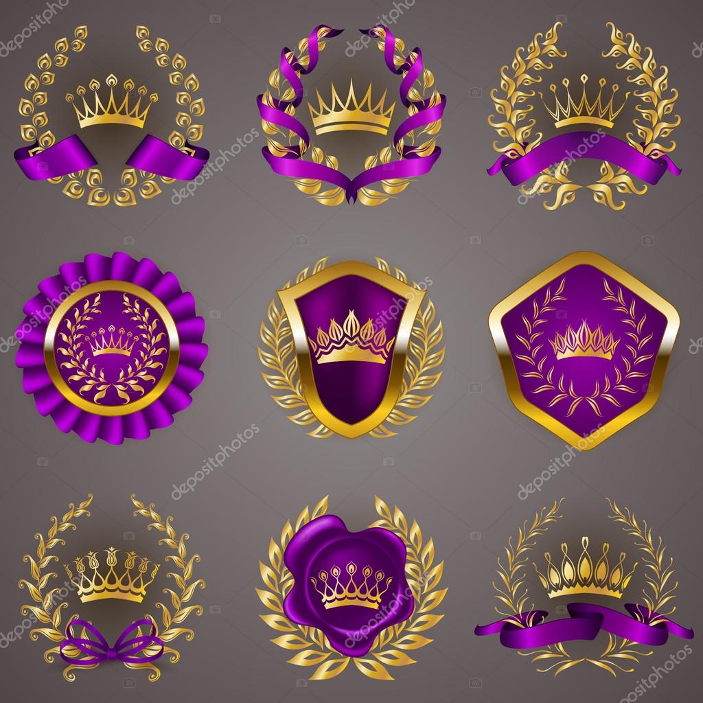Set of luxury gold labels, medals, stickers, icons, logo with laurel wreath, filigree crowns, bow, wax seal, ribbons for page, web design. Royal heraldic elements in vintage style. Illustration EPS 10