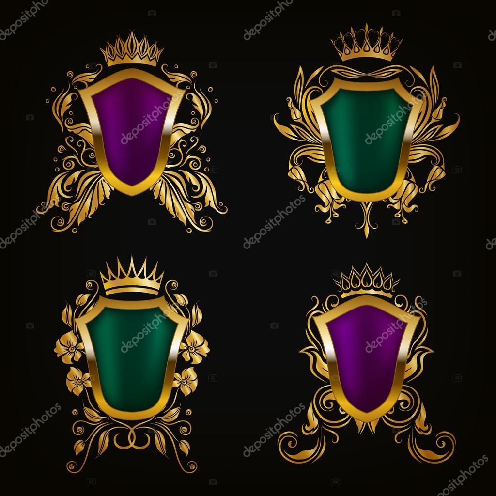 Set of golden royal shields for graphic design on black background. Old graceful frame,  border, crown, floral elements in vintage style for icon, label, emblem, badge, logo. Vector illustration EPS10