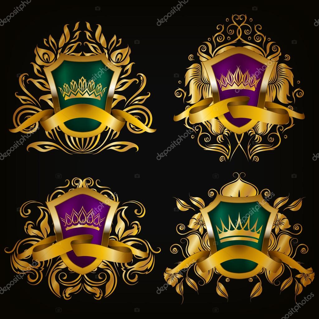 Set of golden royal shields for graphic design on black background. Old graceful frame,  border, crown, floral element, ribbon in vintage style for icon, label, emblem, badge, logo. Illustration EPS10