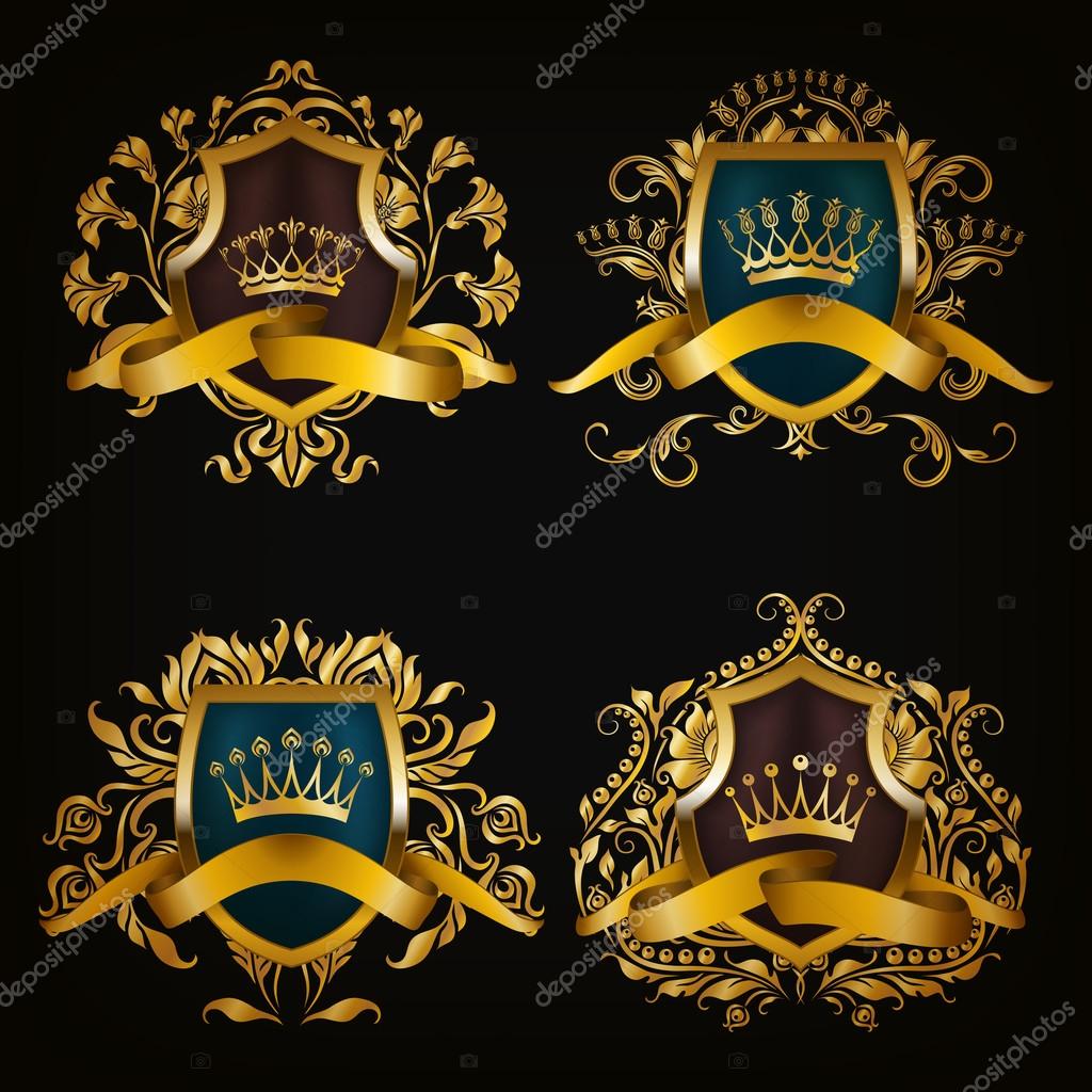 Set of golden royal shields for graphic design on black background. Old graceful frame,  border, crown, floral element, ribbon in vintage style for icon, label, emblem, badge, logo. Illustration EPS10