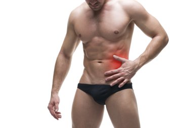 Kaslı erkek vücudunun sol tarafında ağrı. Beyaz arka plan üzerinde izole