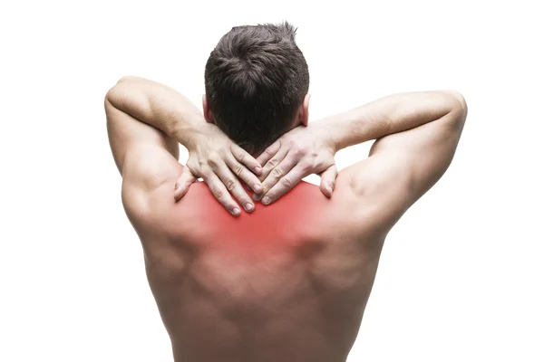Dolore al collo. Un uomo con mal di schiena. Corpo maschile muscolare. Isolato su sfondo bianco — Foto Stock