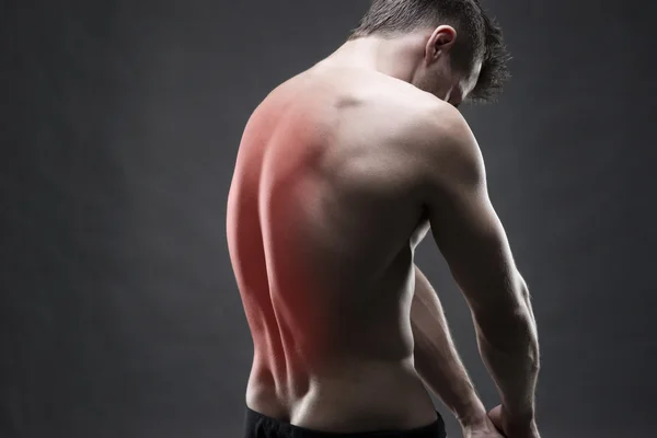 Hombre con dolor de espalda. Dolor en el cuerpo humano. Cuerpo masculino muscular. Guapo culturista posando sobre fondo gris —  Fotos de Stock