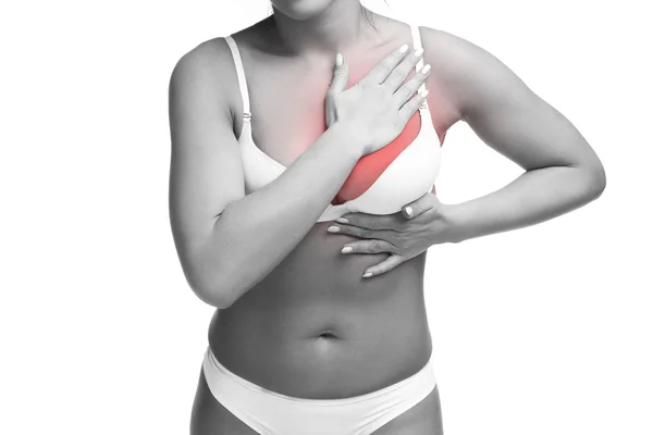 Heart attack, pain in the human body, young caucasian woman in bra with cardiovascular disease, isolated on white background — Stock Photo, Image