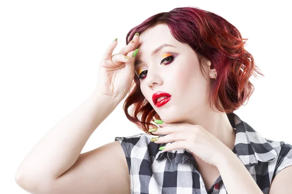 Young beautiful red-haired caucasian woman in checkered dress posing in studio, isolated on white background, professional makeup and hairstyle — Stock Photo, Image