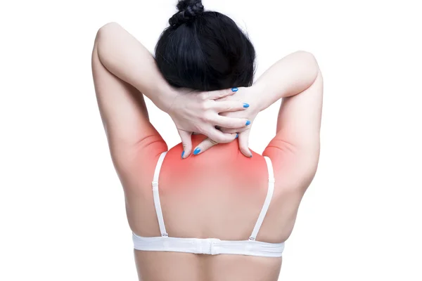어깨와 목에 통증이와 브래지어에 젊은 백인 여자 흰 배경에 고립 된 인간의 신체에 통증 — 스톡 사진