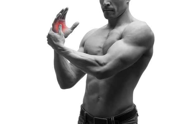 Dolor en la mano, síndrome del túnel carpiano, cuerpo masculino muscular, plano aislado estudio sobre fondo blanco con punto rojo —  Fotos de Stock