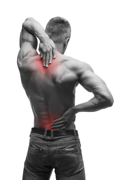 Middle aged man with back pain, muscular male body, studio isolated shot on white background with red dot — Stock Photo, Image