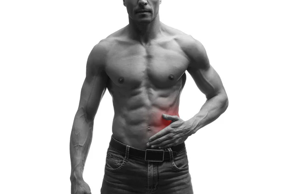 Ataque de apendicite, dor no lado esquerdo do corpo muscular masculino, isolado no fundo branco — Fotografia de Stock