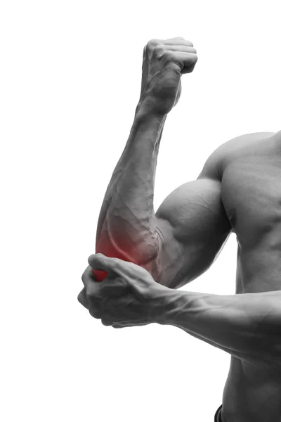 Dolore al gomito, corpo maschile muscolare, isolato su sfondo bianco con puntino rosso — Foto Stock