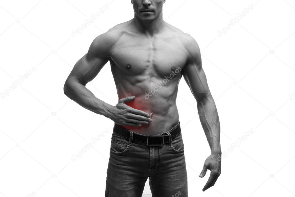 Attack of appendicitis, pain in right side of muscular male body, isolated on white background