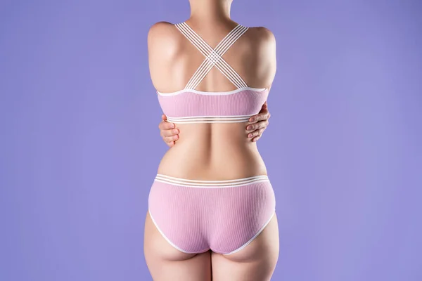 Slim Woman Pink Underwear Purple Background Body Care Concept — Stock Photo, Image