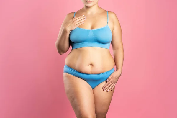 Donna Grassa Biancheria Intima Blu Sfondo Rosa Corpo Femminile Sovrappeso — Foto Stock