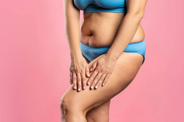 Mujer Gorda Ropa Interior Azul Sobre Fondo Rosa Cuerpo Femenino —  Fotos de Stock