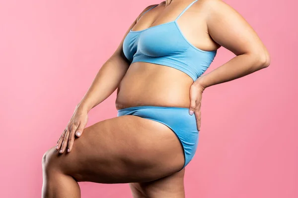 Dicke Frau Blauer Unterwäsche Auf Rosa Hintergrund Übergewichtiger Weiblicher Körper — Stockfoto