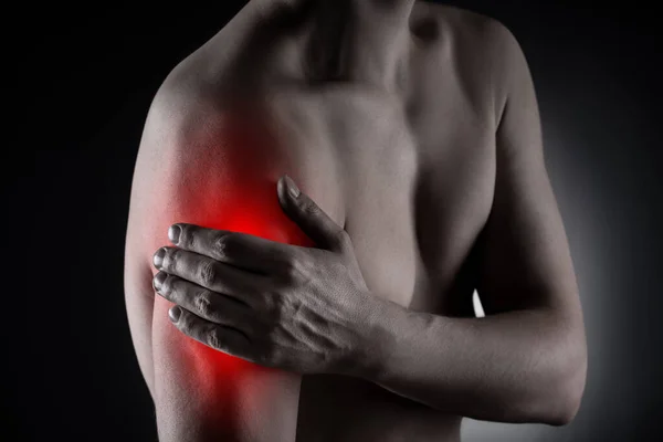 Shoulder Pain Black Background Painful Area Highlighted Red — Stock Photo, Image