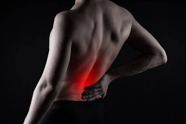 Біль Спині Запалення Нирок Біль Тілі Людини Чорному Тлі Болюча — стокове фото