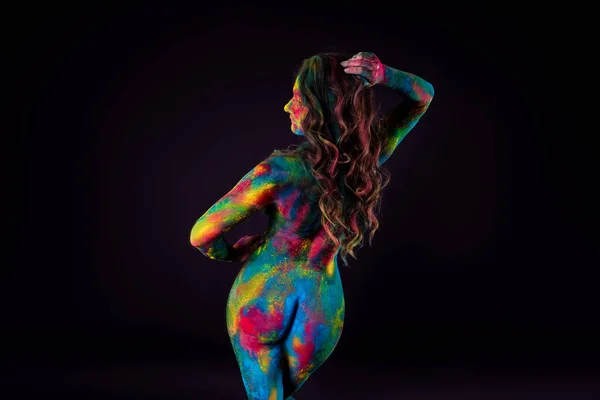 Bright Colorful Body Art Black Background Sexy Nude Woman Painted — Stock Photo, Image