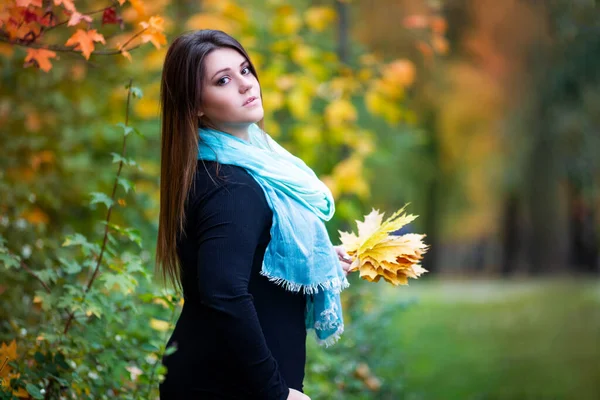 Красивая Женщина Осенью Симпатичная Модель Size Улице Портрет Желтыми Листьями — стоковое фото