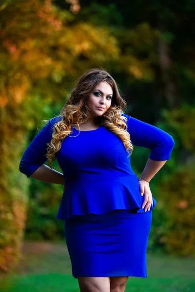 Краса Плюс Розмір Моделі Синій Сукні Відкритому Повітрі Товста Жінка — стокове фото