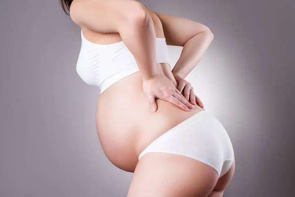 Pregnant Woman Back Pain Labor Pains Risk Premature Birth Gray — Stock Photo, Image