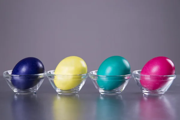 Cuatro huevos de colores en una taza sobre un fondo gris —  Fotos de Stock
