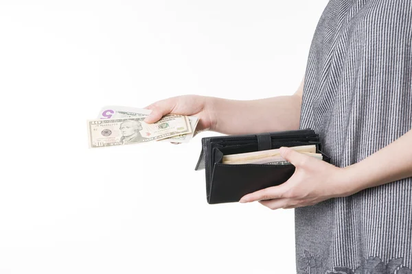 Woman with money in purse in hands — Stock Photo, Image