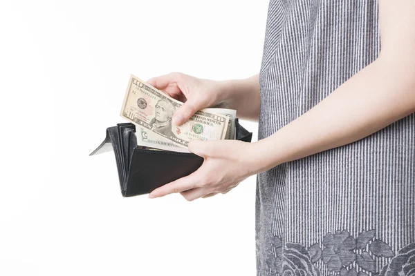 Woman with money in purse in hands — Stock Photo, Image