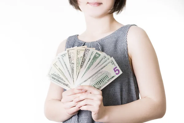 Woman with money in studio — Stock Photo, Image