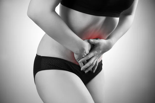 Woman with abdominal pain. Pain in the human body — Stock Image Woman with abdominal pain. Pain in the human body Stock Image