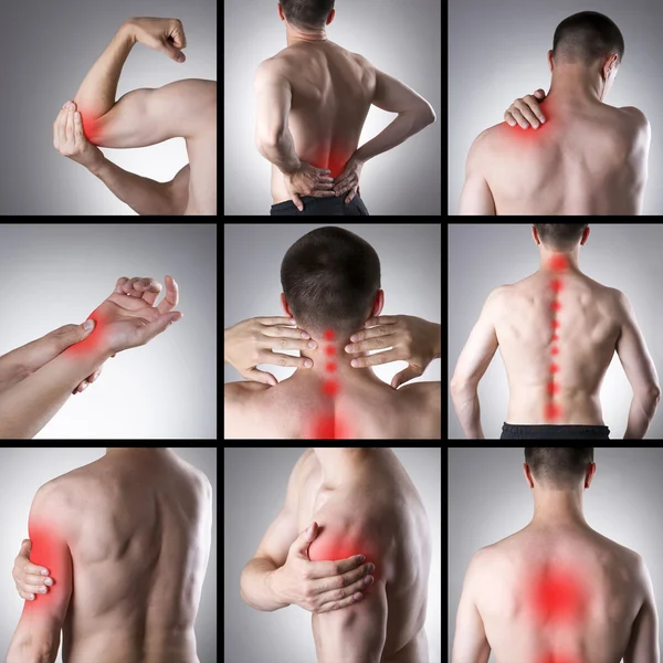 Dolor en el cuerpo de un hombre. Collage de varias fotos con puntos rojos — Foto de Stock