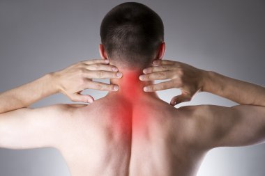 Pain in the neck. Man with backache. Pain in the man's body clipart