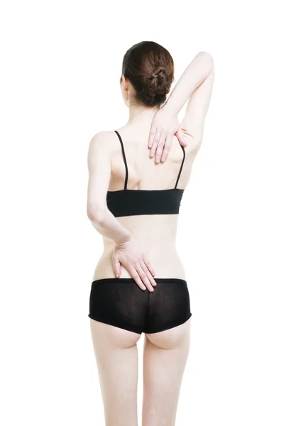 Mujer con dolor de espalda. Dolor en el cuerpo humano — Foto de Stock
