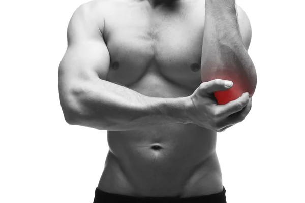 팔꿈치에 통증입니다. 근육 질의 남자 몸입니다. 흰색 배경에 고립 — 스톡 사진