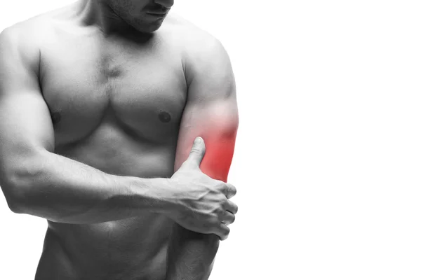 Pain in the elbow. Muscular male body. Isolated on white background with copy space — Stock Photo, Image