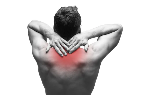 Dolor en el cuello. Hombre con dolor de espalda. Cuerpo masculino muscular. Aislado sobre fondo blanco — Foto de Stock