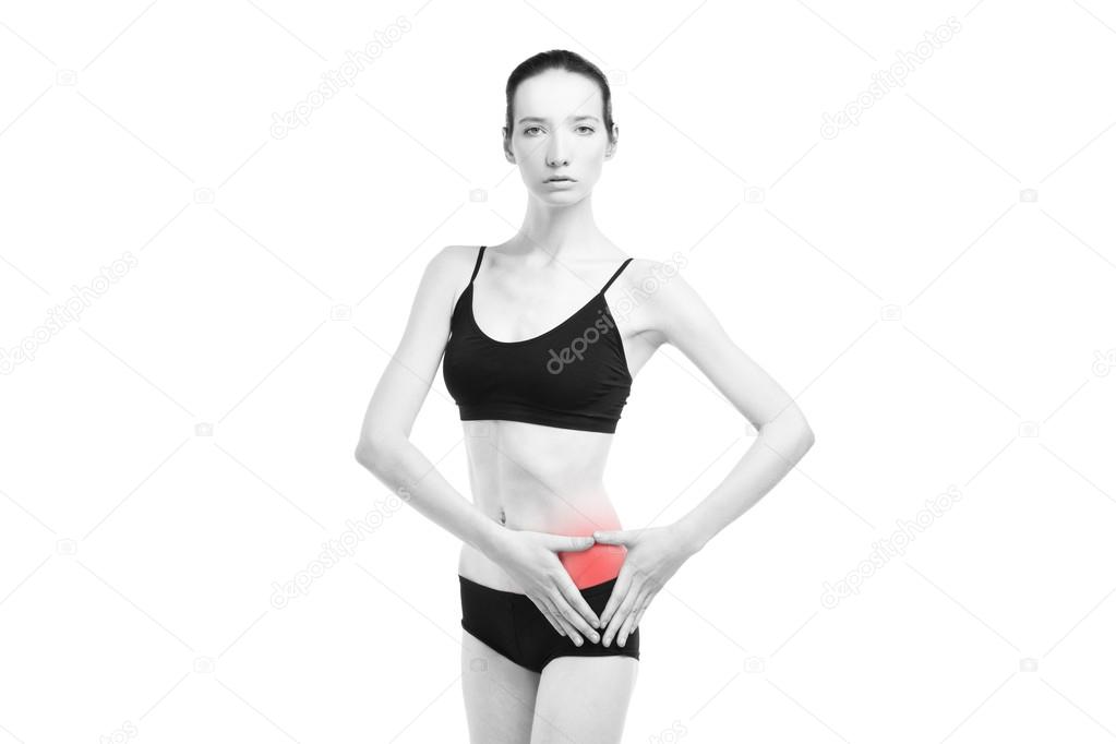 Woman with pain in the left side of the body. Pain in the human body isolated on white background