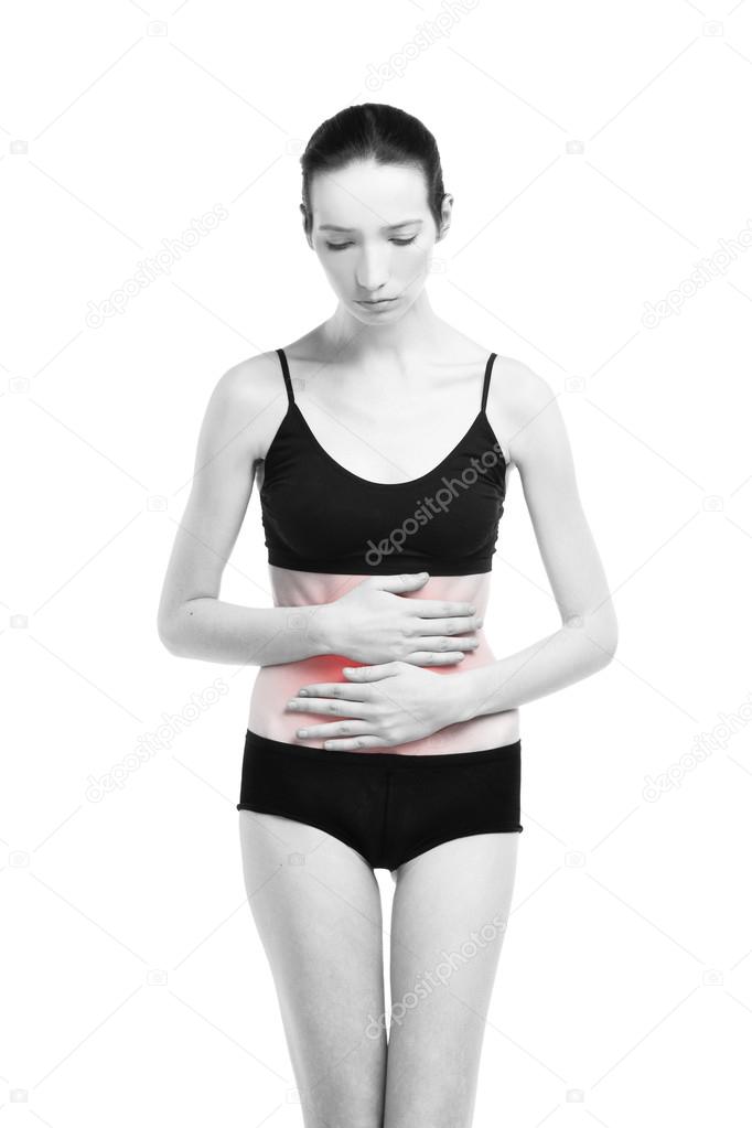 Woman with abdominal pain. Pain in the human body isolated on white background