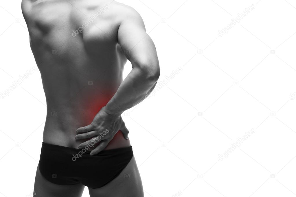 Kidney pain. Man with backache. Pain in the human body. Muscular male body. Isolated on white background