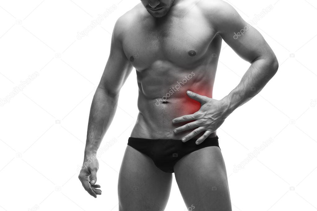 Pain in the left side of the muscular male body. Isolated on white background