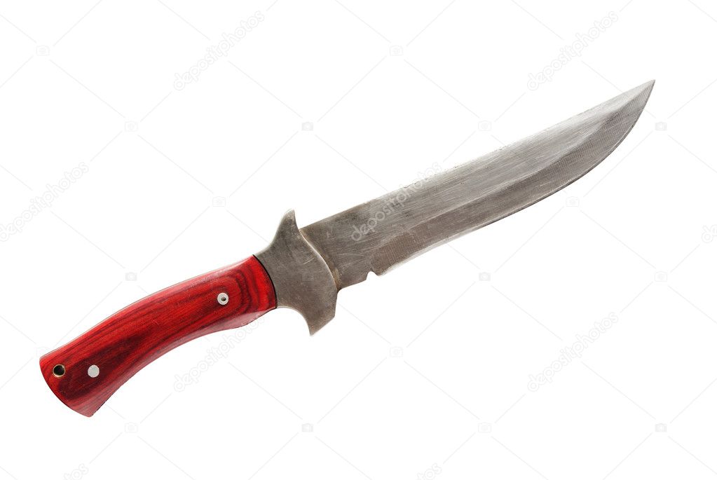 Old knife with a red handle, isolated