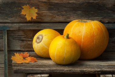 Ahşap bir masa üzerinde üç kabak