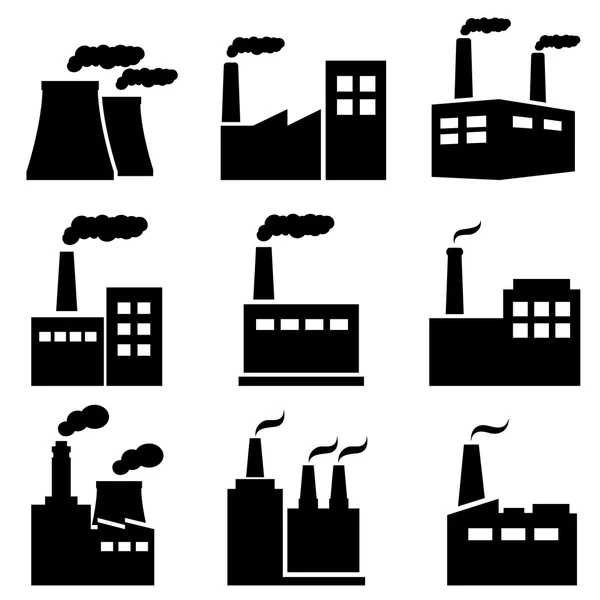 Fábrica, planta de energía iconos industriales — Archivo Imágenes Vectoriales