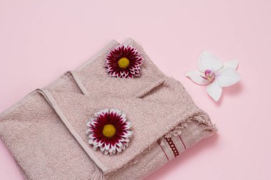 Beyaz orkide ve pembe arka planda kırmızı çiçek tomurcukları olan yumuşak terry havlusu. Üst görünüm.