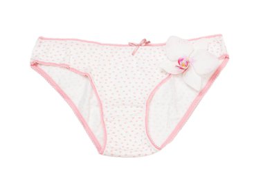 Beyaz izole edilmiş arka planda orkide çiçeği tomurcuğu olan pamuk külotlar. Kadın iç çamaşırı seti. Üst görünüm.