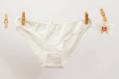 Çamaşır ipinde yeni bir beyaz külot ve beyaz arka planda bir orkide. Kadın iç çamaşırı.