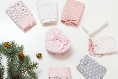 Folded cotton panties of different colors, a gift box and a Christmas fir tree branche on the white background. Woman underwear set. Top view.